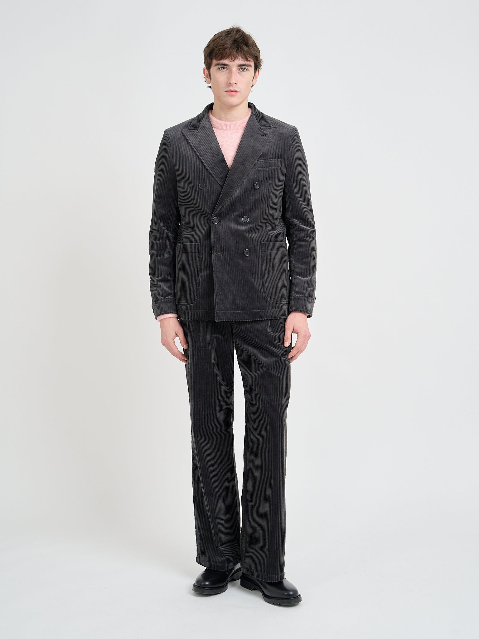 Model wearing a Grey Oliver Spencer Men's Cotton Corduroy Double-Breasted Jacket