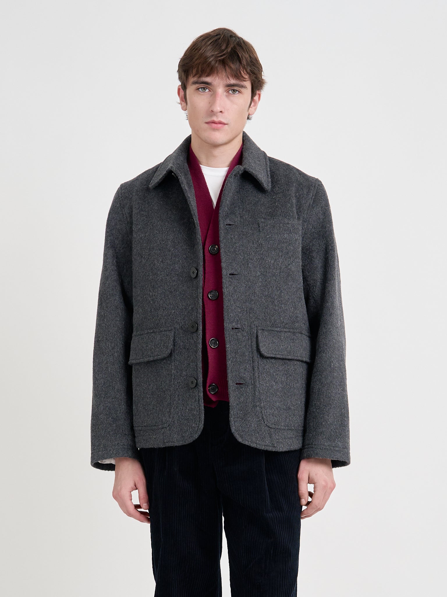 Close up shot of model wearing Oliver Spencer Men's Charcoal Recycled Wool And Mohair Chore Jacket
