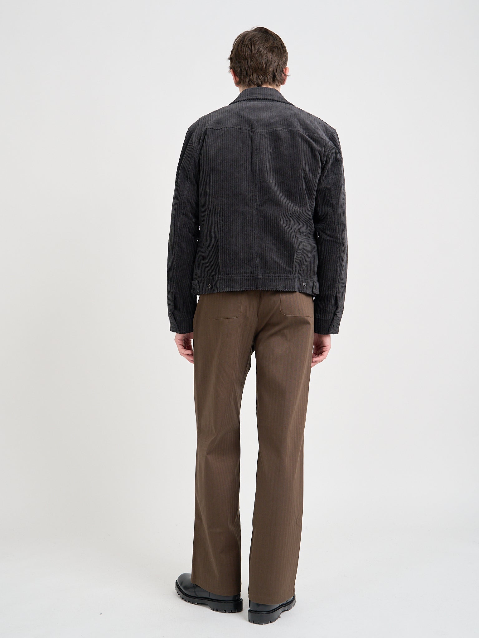 Back shot of model wearing Oliver Spencer Men's Grey Cotton Corduroy Trucker Jacket Flat Shot
