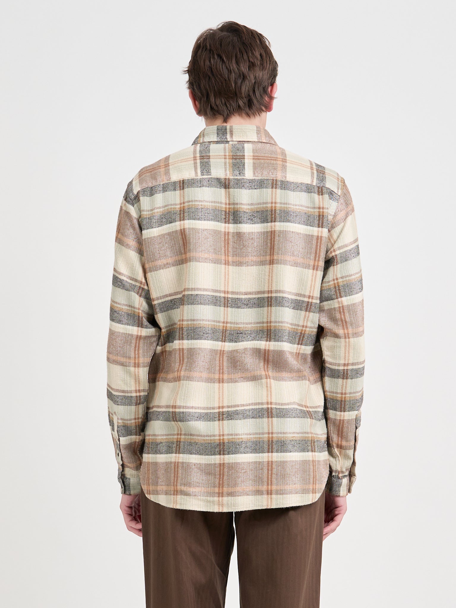 Model is wearing an Oliver Spencer New York Special Shirt in Robbins Multi