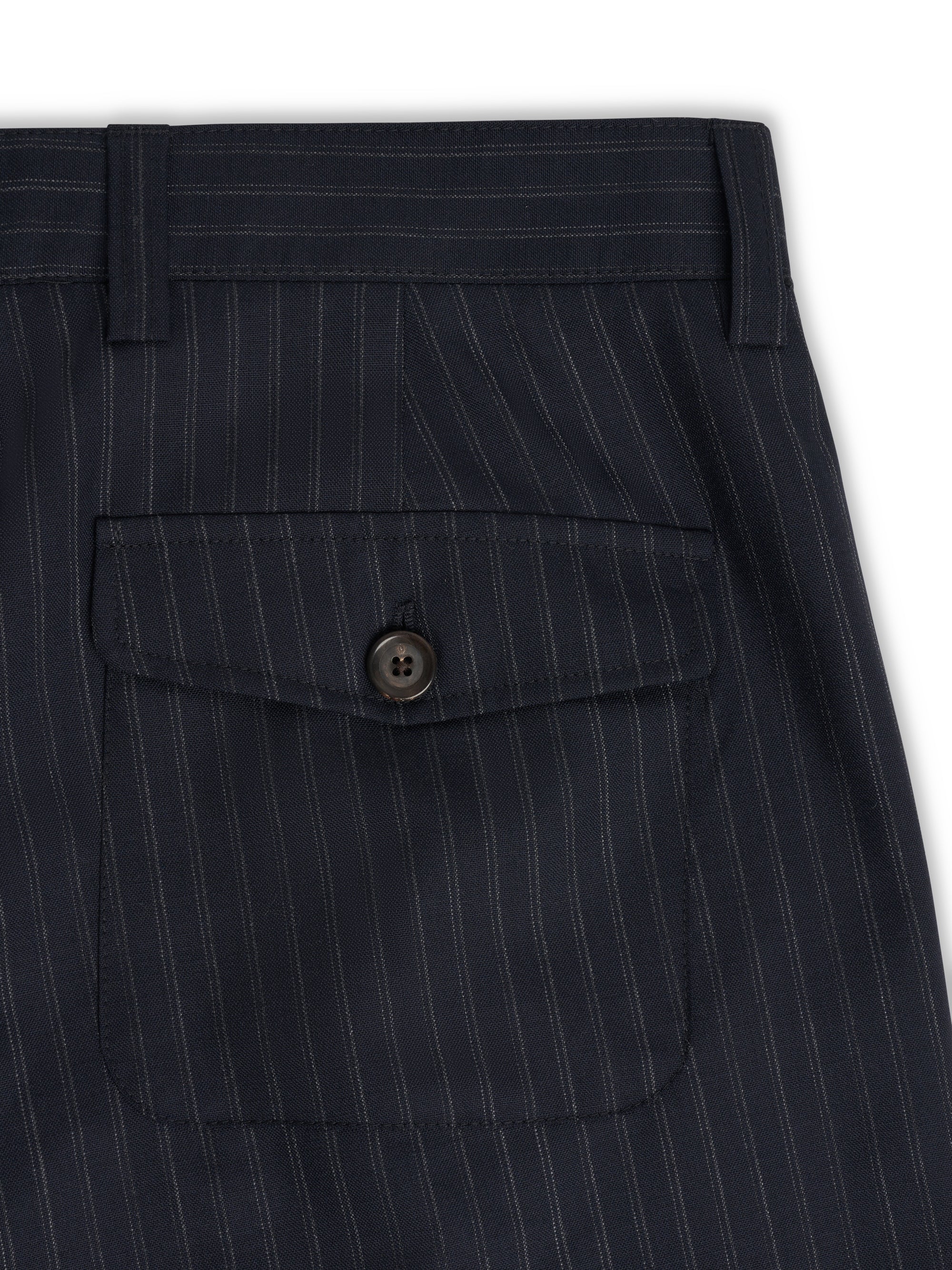 Orsman navy pinstripe wool trousers showing rear patch pocket detail