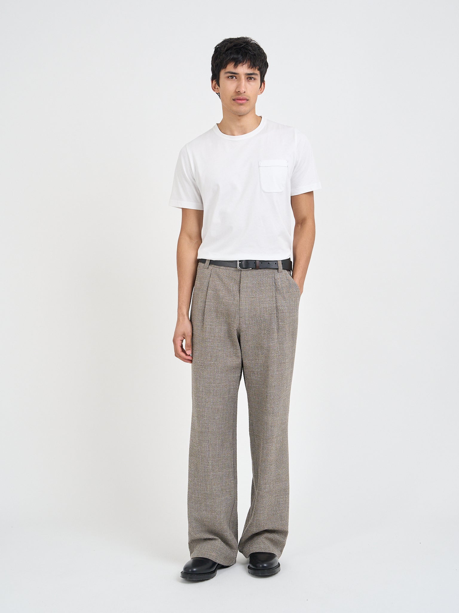 Wide-leg Hilliard brown trousers worn on model, full length view