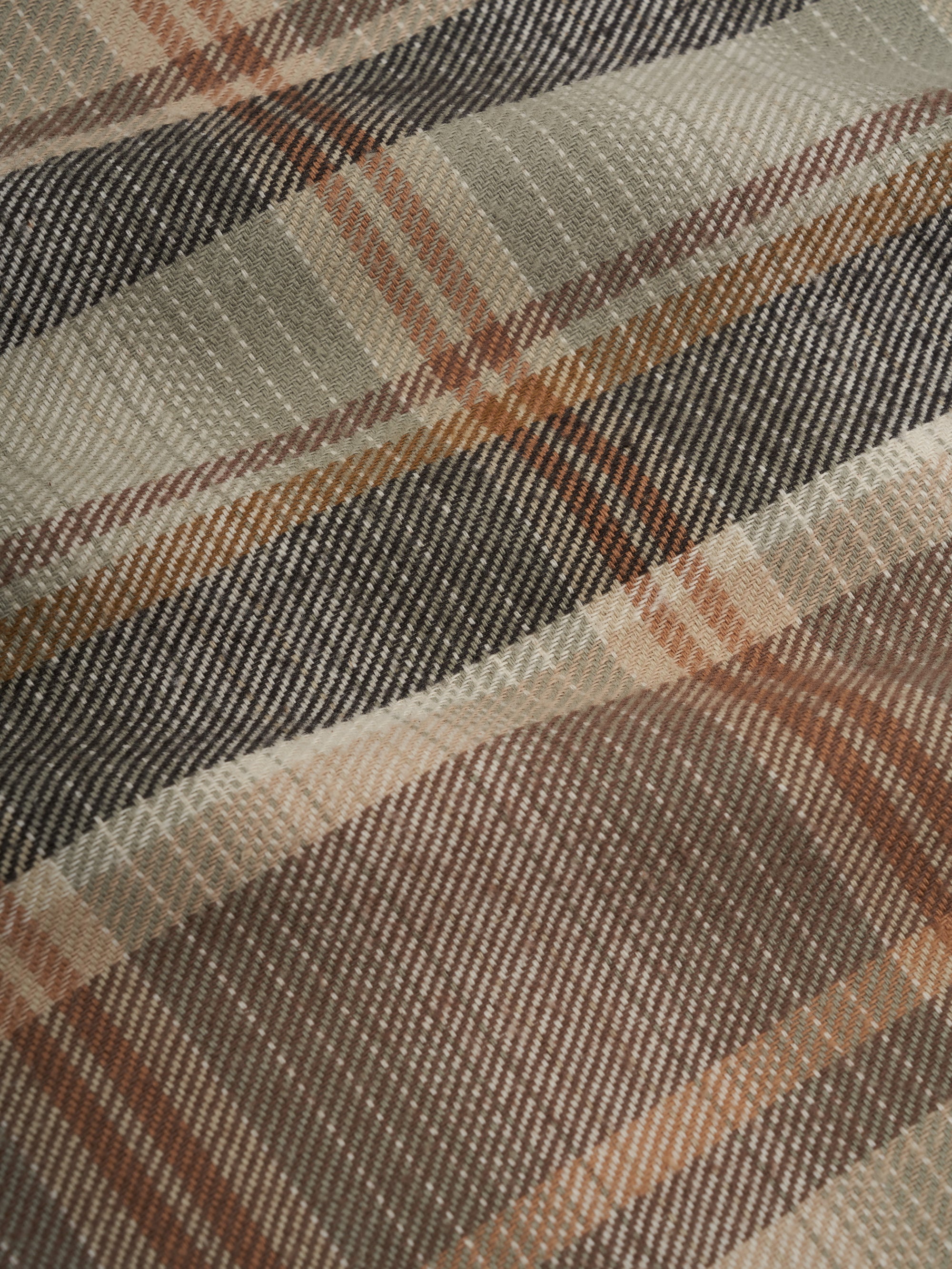 Close up material shot of Oliver Spencer Men's Beige Brushed Cotton Check Overshirt