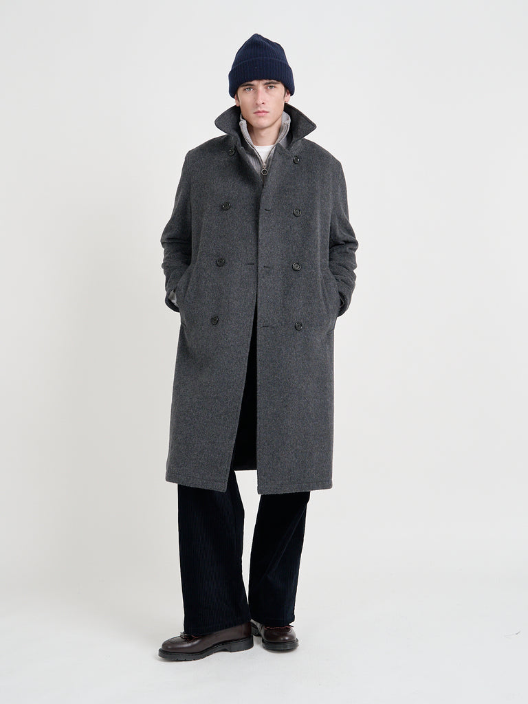 Video of model wearing Men's Charcoal Recycled Wool And Mohair Trench Coat